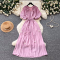K-style small flying sleeves a-line short-sleeved dress women's  summer waist tie back long skirt niche stylesense of designwork clothing
