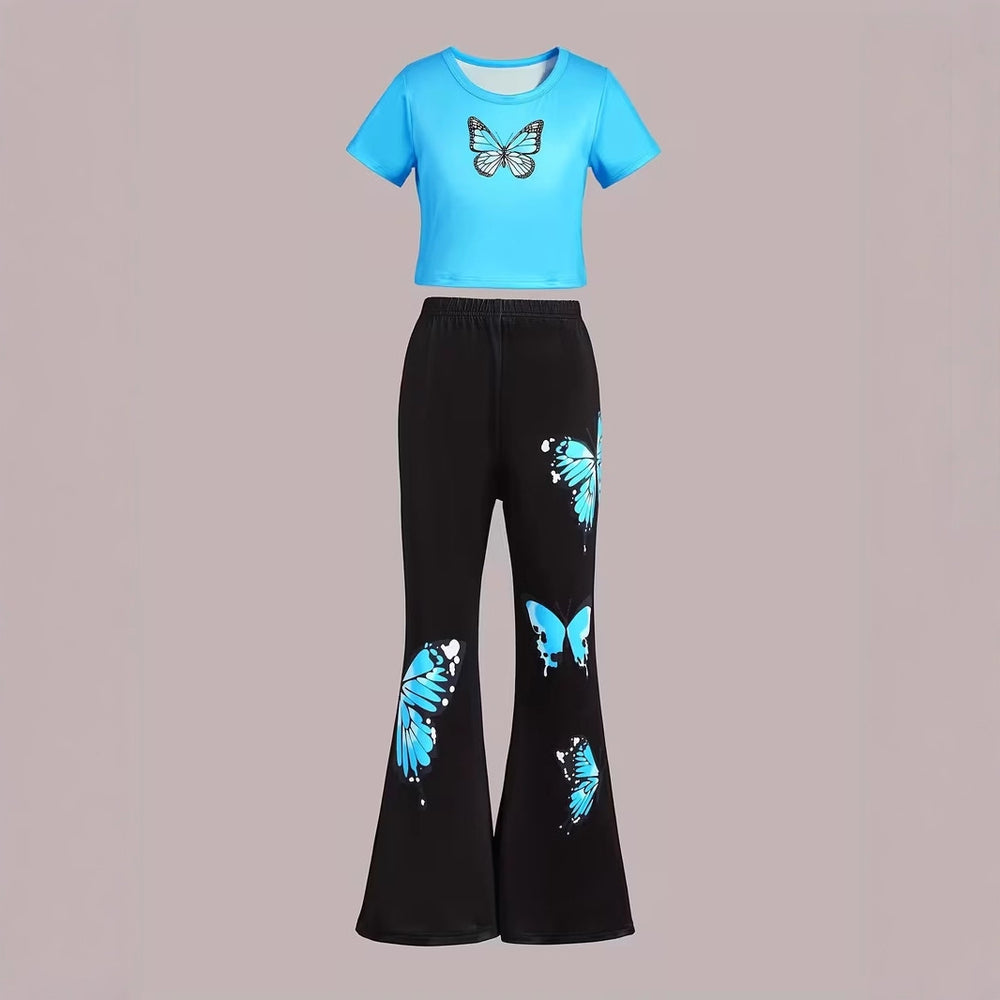 wholesale girls' flared pants set, a fashionable spring, summer, and autumn outfit for girls, featuring a short-sleeved top and long flared pants, perfect for going out