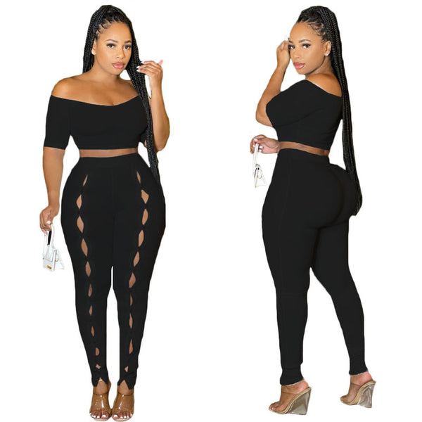 YD8810-C9 European and American women's clothing, 's new model, fashionable casual threaded off-the-shoulder two-piece set,  women's clothing