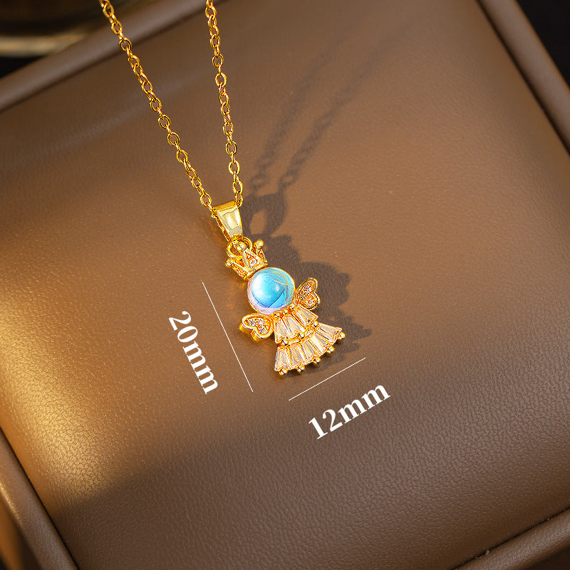 【titanium steel】necklace women's crown angel princess pendant earrings elegant light luxury set versatile clavicle chain jewelry