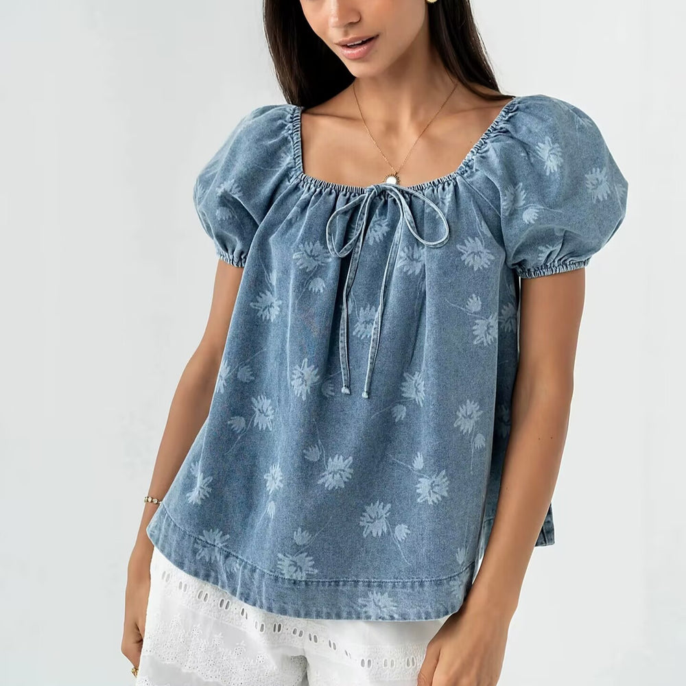 european and american new arrival cross-border  short printed tie-waist washed bubble sleeve women's denim top