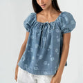 european and american new arrival cross-border  short printed tie-waist washed bubble sleeve women's denim top