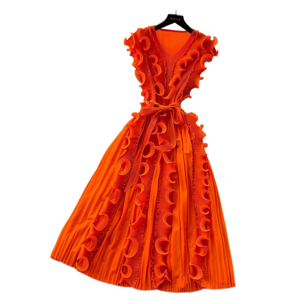 Miya pleated dress women's  summer european and american fashion 3d lace tie waist sleeveless pleated maxi dress
