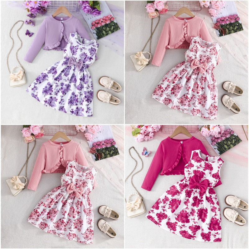 exclusive: kids' fashion solid color jacket & printed dress two-piece set - trendy pink collection