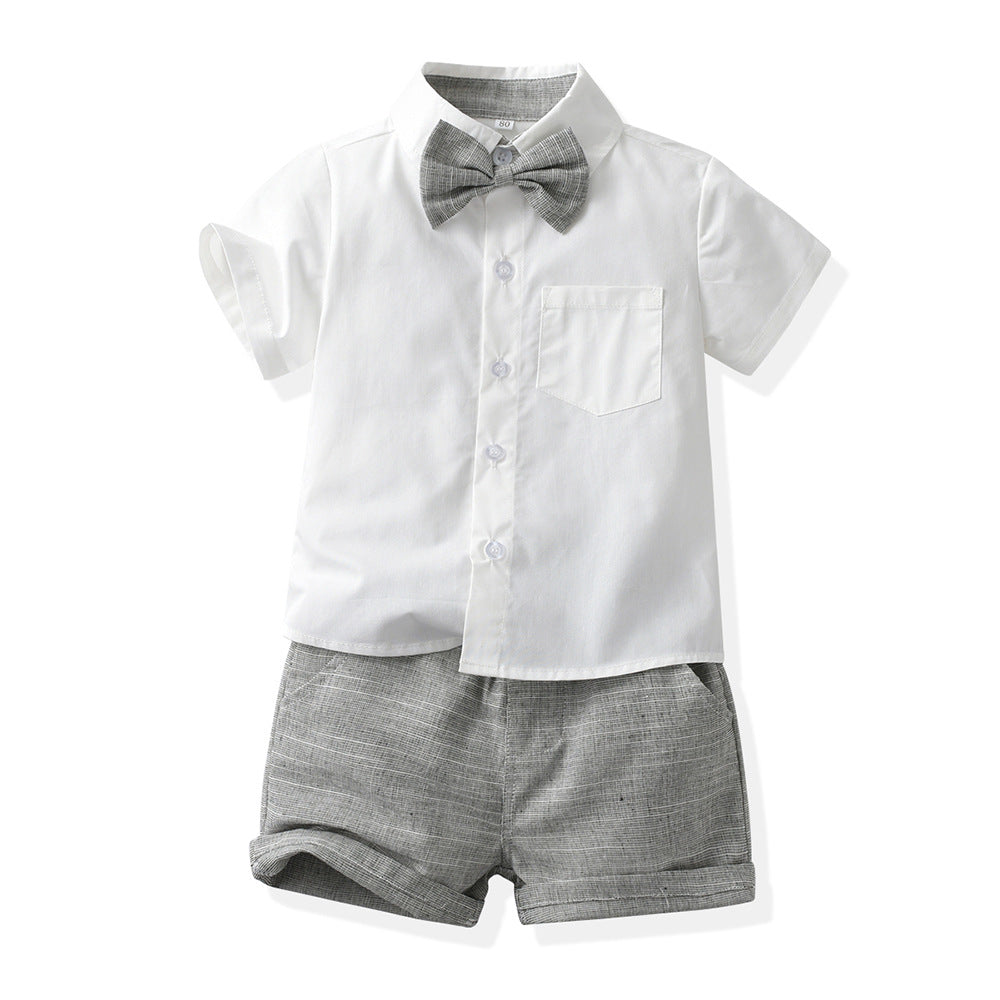 Summer kids' new european and american gentleman short-sleeve shirt set, children's suspender shorts two-piece outfit, first birthday dress