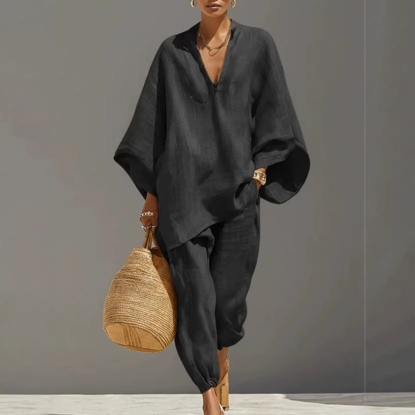 spring cross-border women's casual relaxed fit solid color shirt set