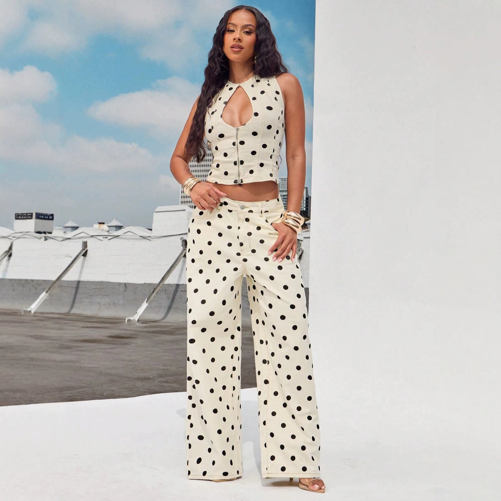 Women's off-white polka dot print high-waisted wide-leg denim pants - hot girl style casual trousers - new  collection