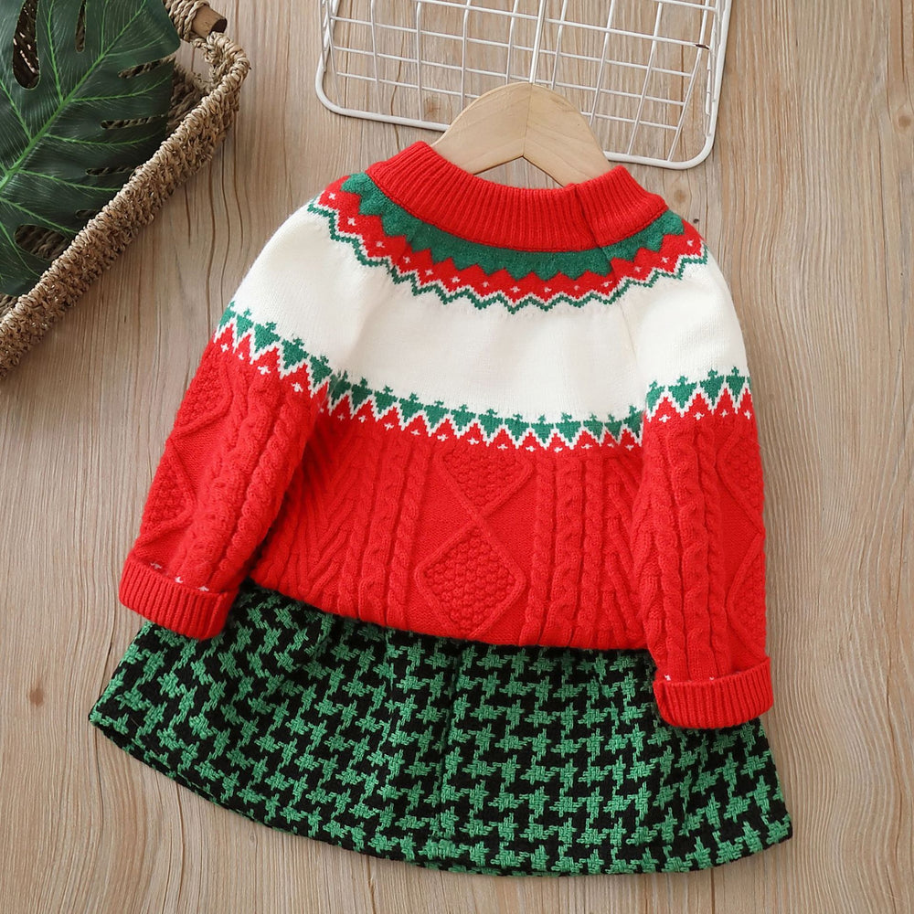 Knitted two-piece set:  christmas & new year's edition - girls' cartoon fleece-lined cardigan sweater set