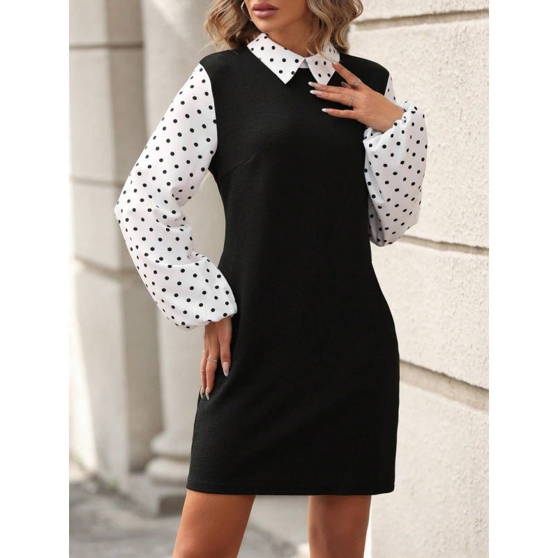 fashion  autumn new arrival polo collar polka dot printing lantern sleeve elegantshortdress