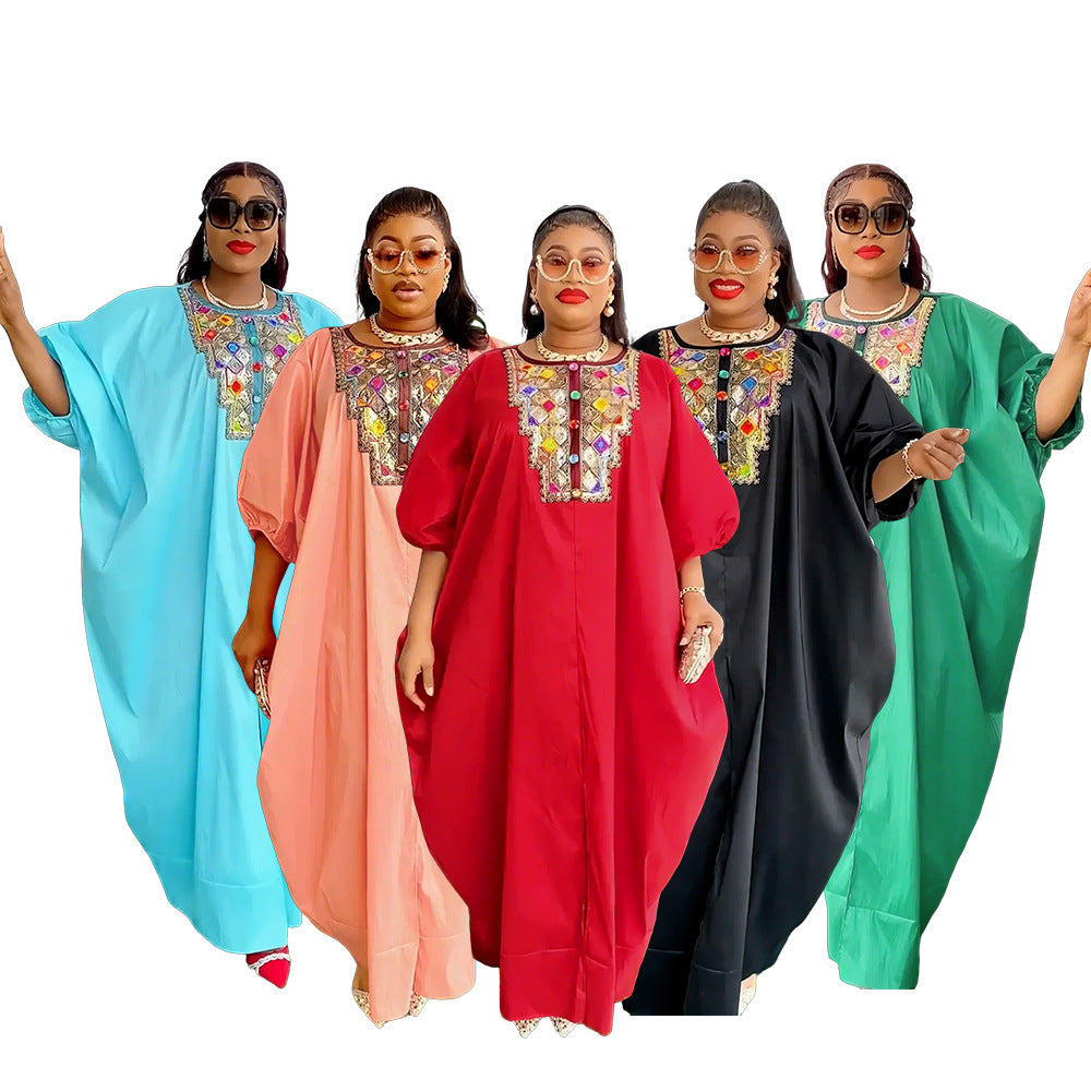 Southeast asia cross-border  sequin appliqué dress african  women's plus size loose robe