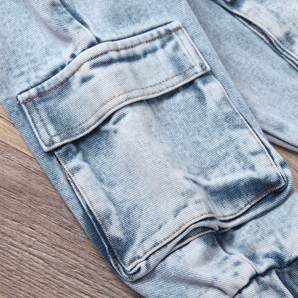 Export cross-border high-quality children's clothing round neck lace lace suspender workwearjeans children's suit