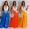 Fashion women's c6351 cross-border   european and american printing sleeveless v neck strap wide leg pants jumpsuit