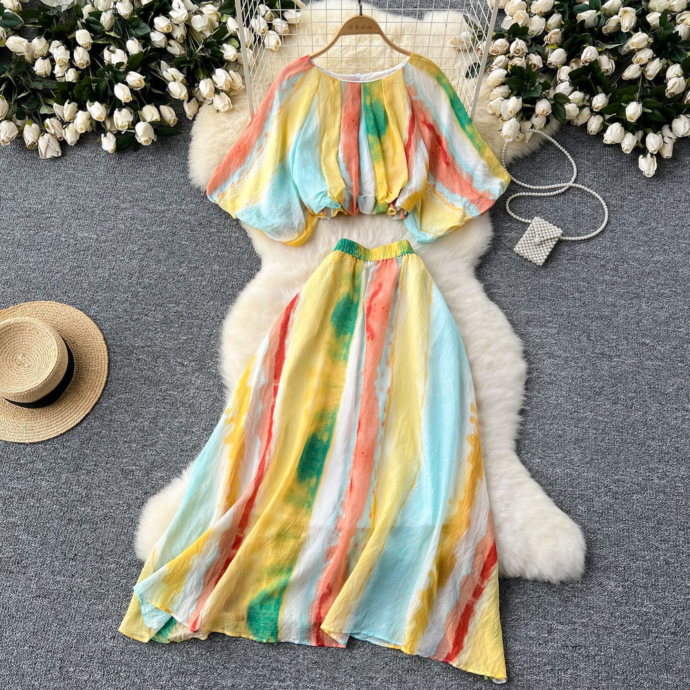 European and american style age-defying two-piece outfit: round neck lantern sleeve printed top + high-waisted flared skirt color block set