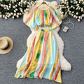 European and american style age-defying two-piece outfit: round neck lantern sleeve printed top + high-waisted flared skirt color block set