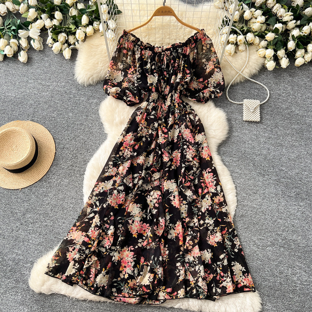 K-style floral dress for women, summer v neck, short-sleeved waist, a-line long skirt, holiday style elegant skirt
