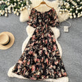 K-style floral dress for women, summer v neck, short-sleeved waist, a-line long skirt, holiday style elegant skirt