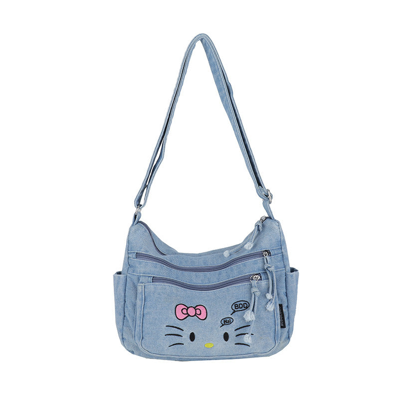 2025 new fashion versatile denim bag women's shoulder crossbody bag hello kitty casual travel canvas bag