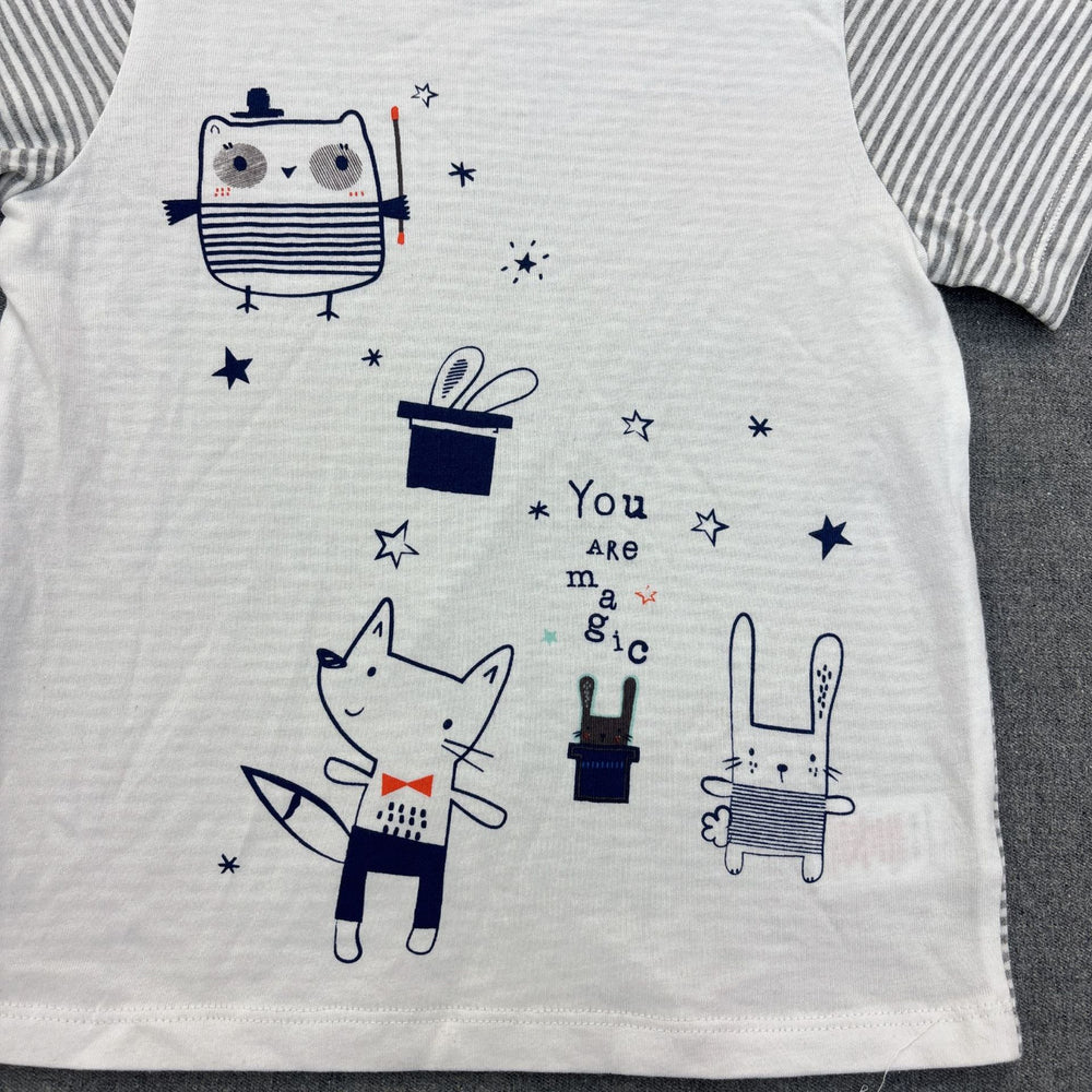 Infant & toddler striped short-sleeve t-shirt with magic fox & owl cartoon print - breathable, 100% cotton crew neck top