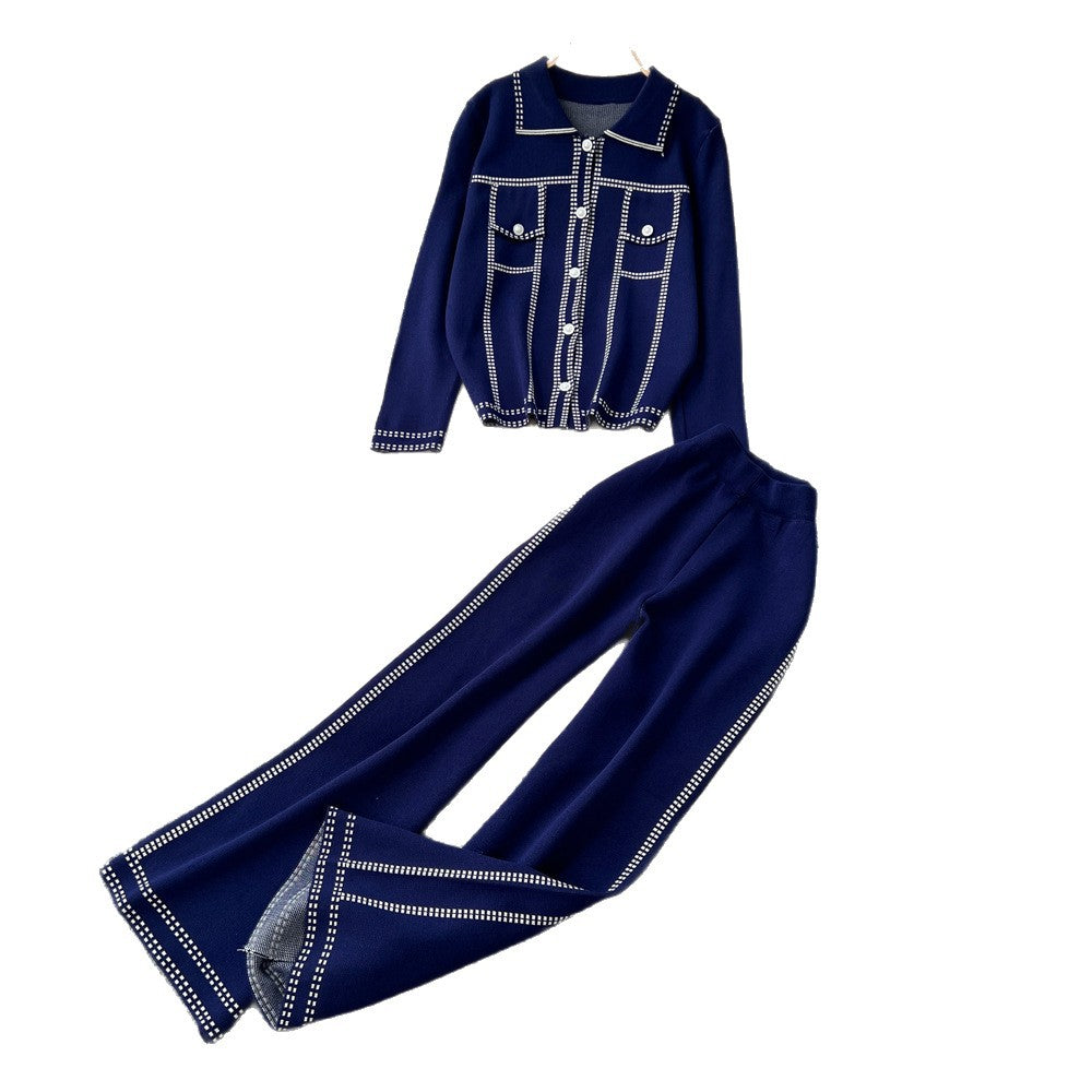 Xiaoxiangfeng wear women's autumn fashionfashioncontrast color topstitch lapel long sleeveslooseknittingtopshigh waistloose pants