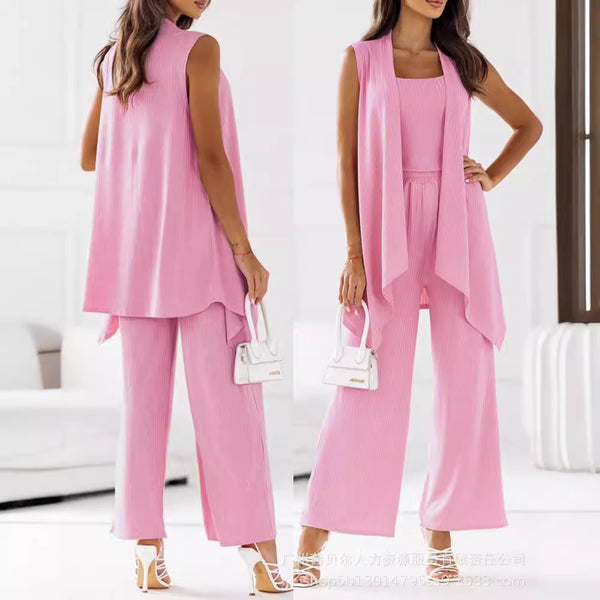 LZR18388 European and American sleeveless asymmetrical medium and long cardigan + suspender vest wide-leg flared pants set 3-piece set