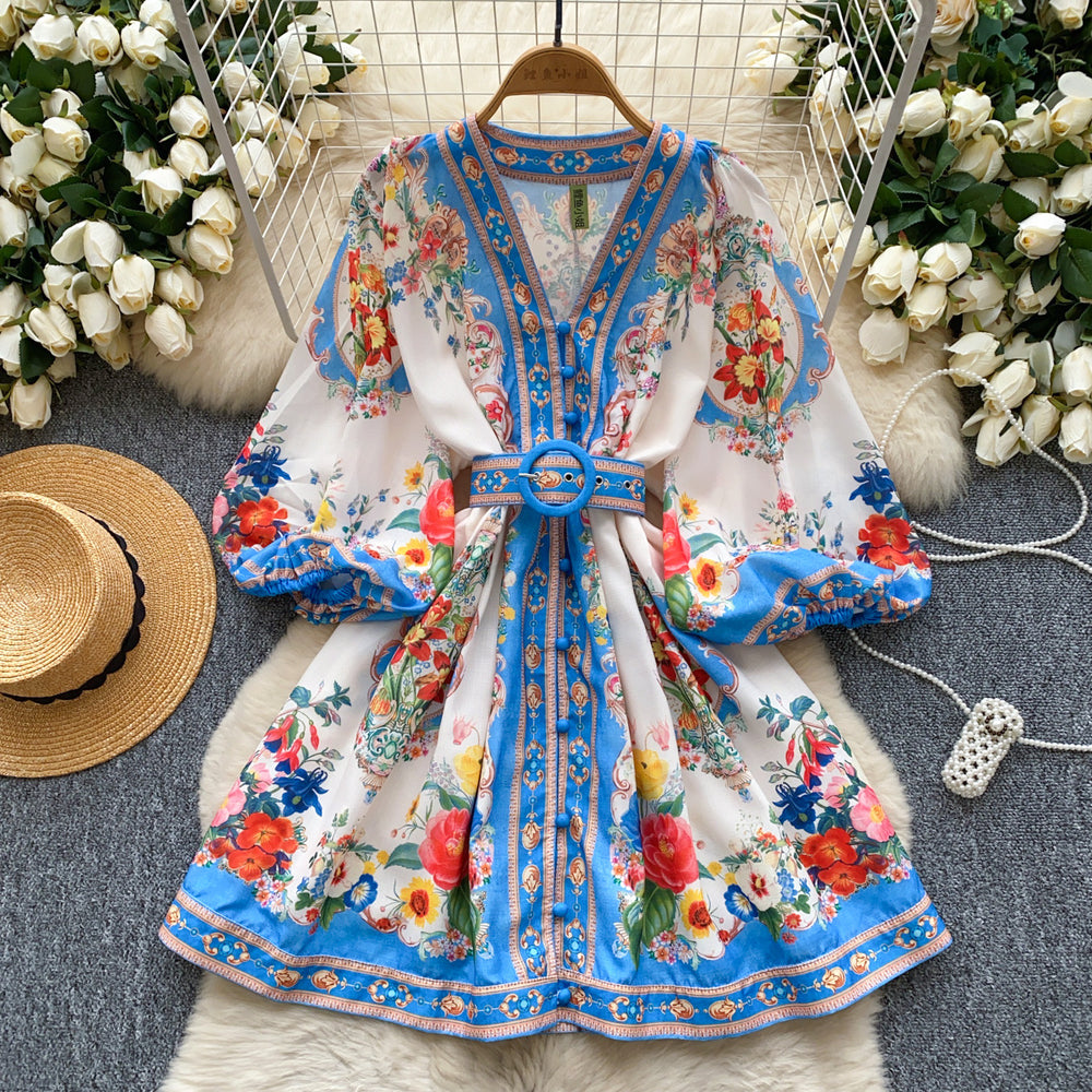 spring new arrivals: european and american style location print, slimming a-line v-neck single-breasted lantern sleeve mini dress