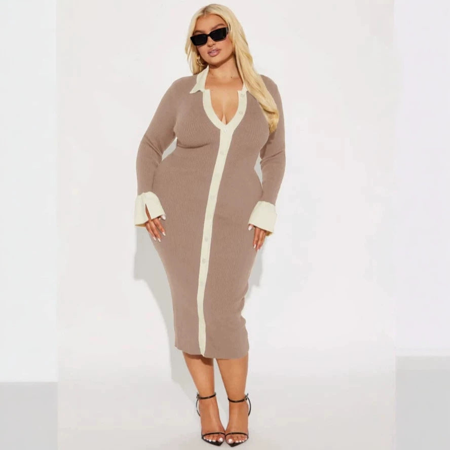 european and american  autumn/winter new arrival: elegant high-waisted long-sleeve color block knit dress for women - cross-border e-commerce