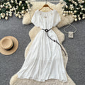 French chic yellow a-line dress - short sleeve, tie-waist, flowy maxi dress for women
