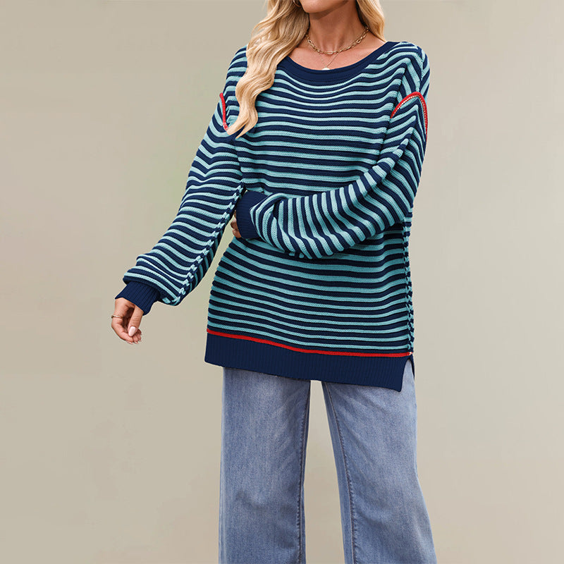 Cross-border new hot-selling autumn and winter sweaters, European and American women's clothing 2025 popular striped tops, round neck pullover, loose long sleeves