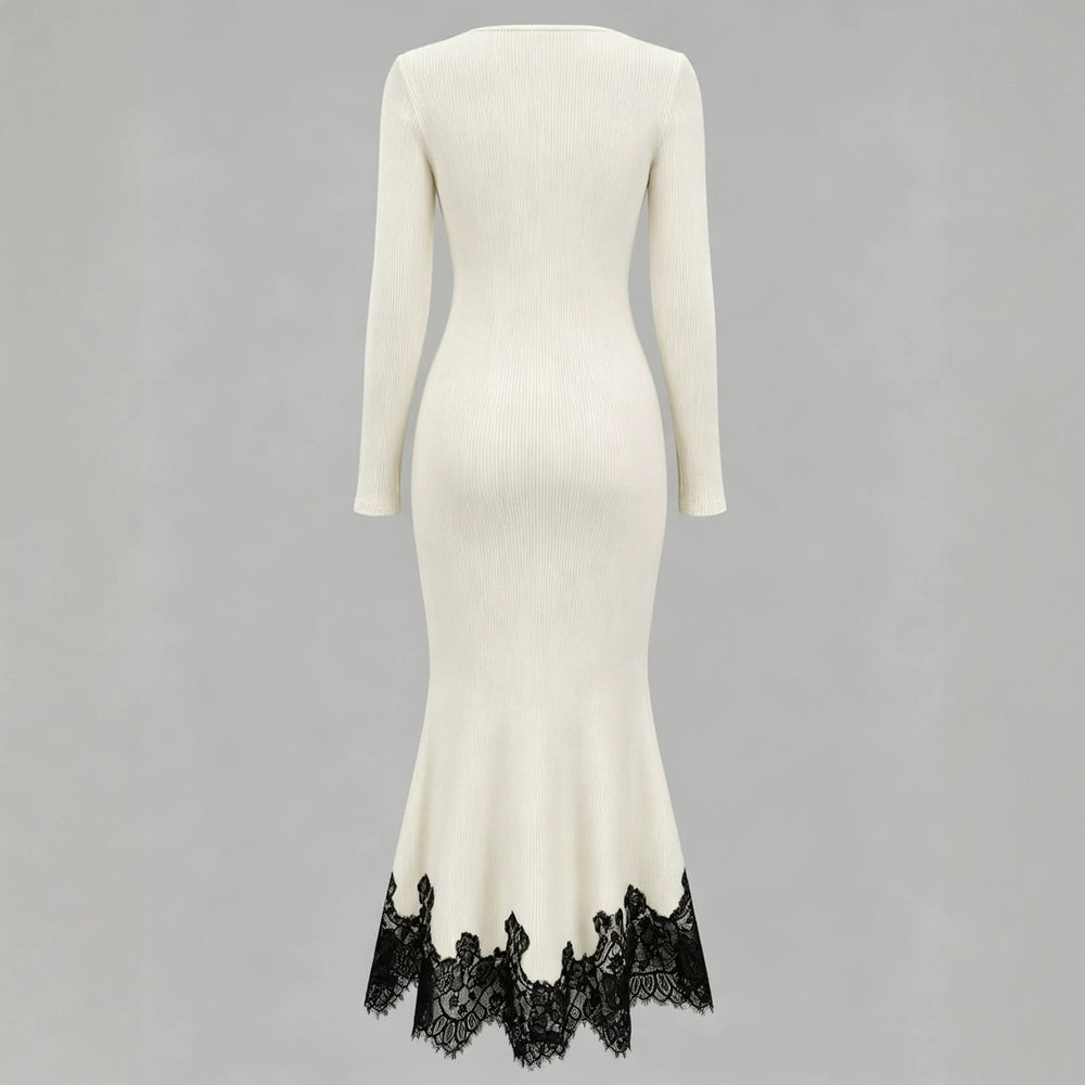 cross-border fashionexportfrenchelegancesexy square neck long sleeveslacepatchwork mermaid dress long skirt