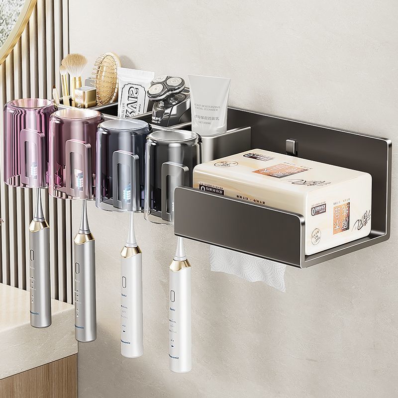 Toothbrush rack without punching gun gray bathroom tooth cup mouthwash cup storage wall-mounted paper towel holder all-in-one