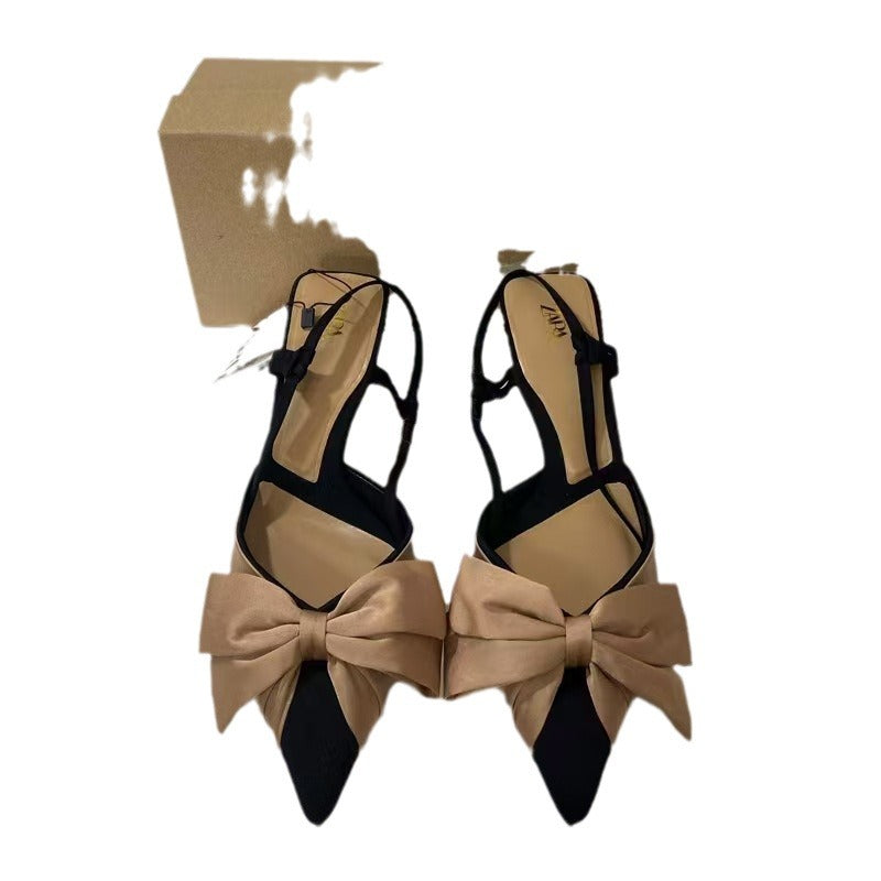 Za new premium french heel women's shoes - pointed toe, bow accent, color block, low-cut, back strap, open heel sandals