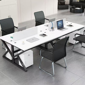 Modern minimalist four-seat office desk set - includes individual workstations, computer desks, and executive office desk