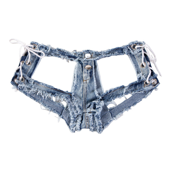9031 New European and American rope-binding jeans, sex underwear, denim shorts, super shorts, low-rise hollow pants, plus size.