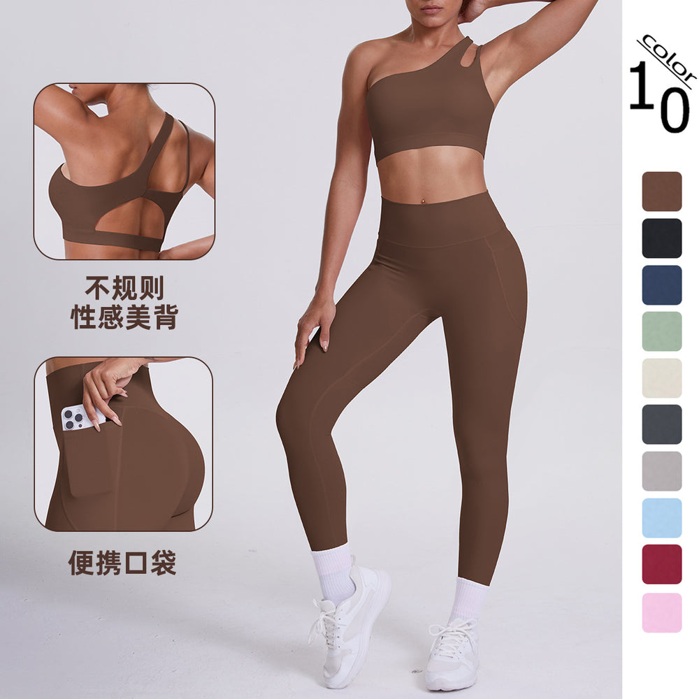 fashion double-sided brocade brushed single oblique shoulder yoga suit sports running fitness flap pocket pants pants two-piece set