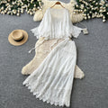 French chic lace cutout two-piece set for women - autumn 2026 elegant fashion outfit - white high-waisted set