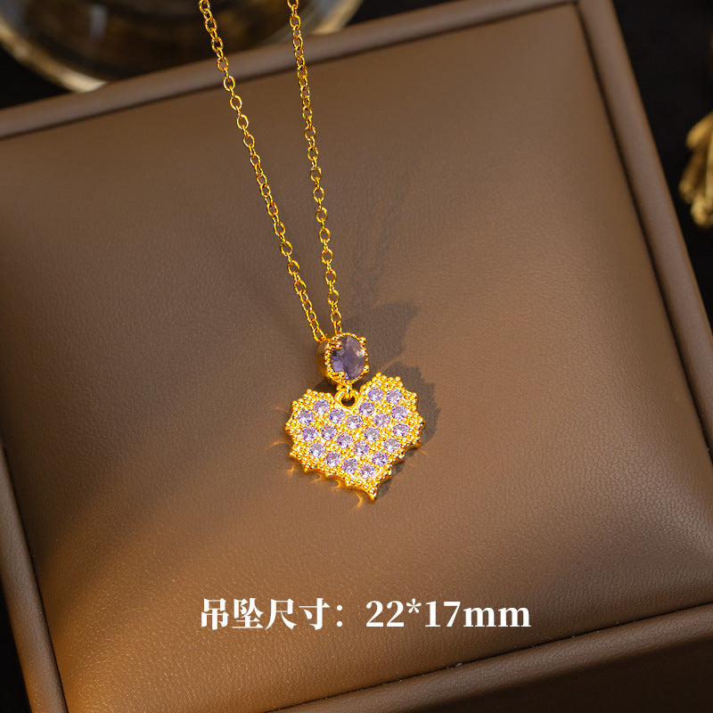 【set】titanium steel necklace for women, sweet full diamond dreamy purple heart pendant earrings, high-end elegant jewelry set