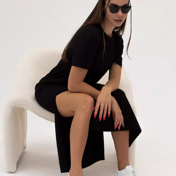 Europe, America,   women's clothing summer casual T-shirt skirt classic short-sleeved dress short-sleeved round neck split skirt