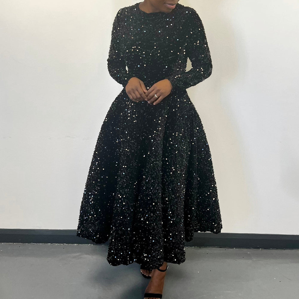 D469 cross-border new women's round neck long sleeve solid color sequin high waist elegant midi dress european and american style
