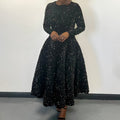 D469 cross-border new women's round neck long sleeve solid color sequin high waist elegant midi dress european and american style