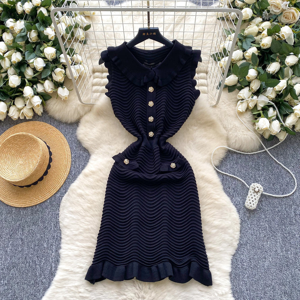 K-stylecasual celebrity sleeveless knittingdress women's summer fungus edge niche style young lady beautiful mid length skirt