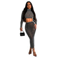 C6946 cross-border   independent station fashion fashion women's solid color hot diamond mesh two-piece skirt