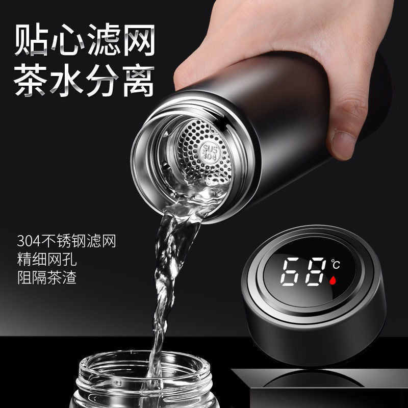 Smart temperature display stainless steel insulated tumbler - vacuum 304 business straight cup - temperature display water bottle - men's tea and water separation cup
