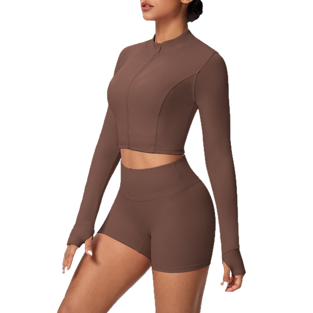 Ready-to-ship cross-border solid color double-sided brushed naked feel cropped jacket set - tight-fitting running, fitness, and yoga two-piece outfit