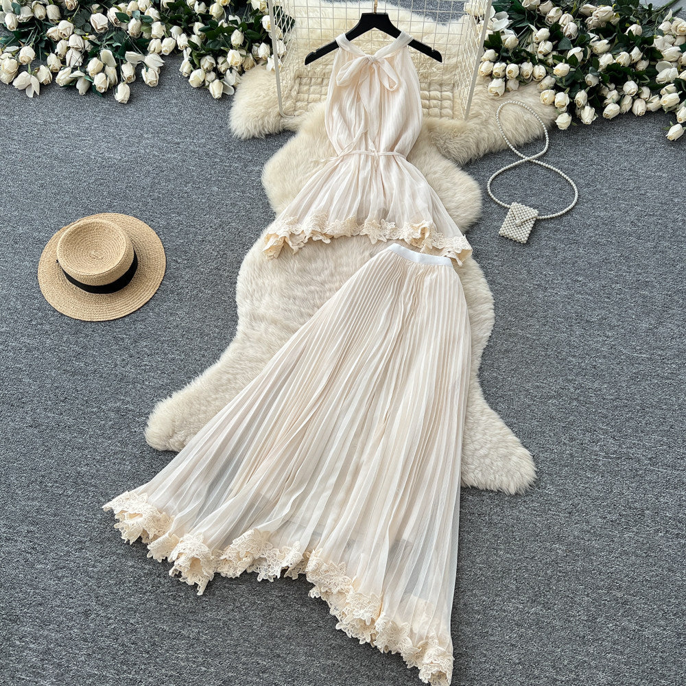 French chic white sleeveless pleated mini dress - summer lace trim, elegant & versatile workwear set