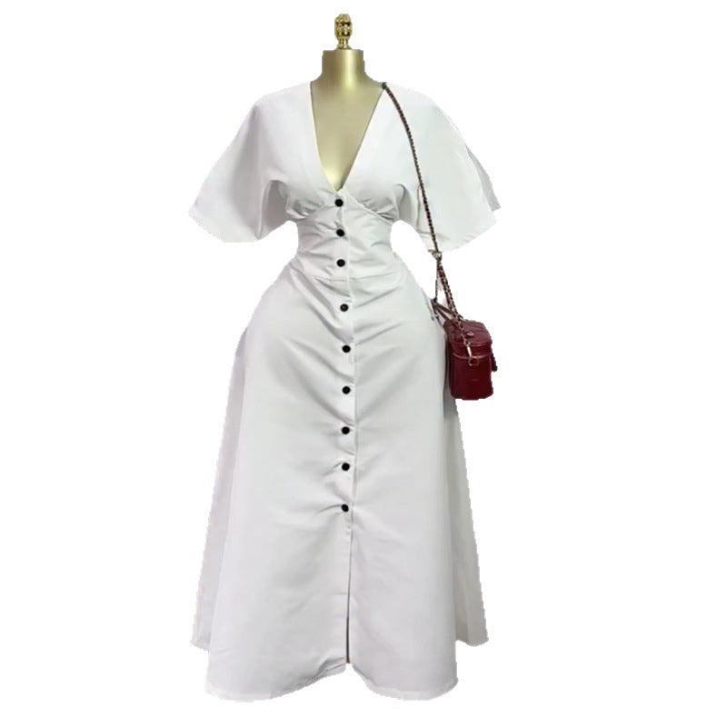 European and american cross-border women's fashion:  spring new arrival - stylish v-neck button-down waist-defining white short-sleeve midi dress