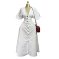 European and american cross-border women's fashion:  spring new arrival - stylish v-neck button-down waist-defining white short-sleeve midi dress