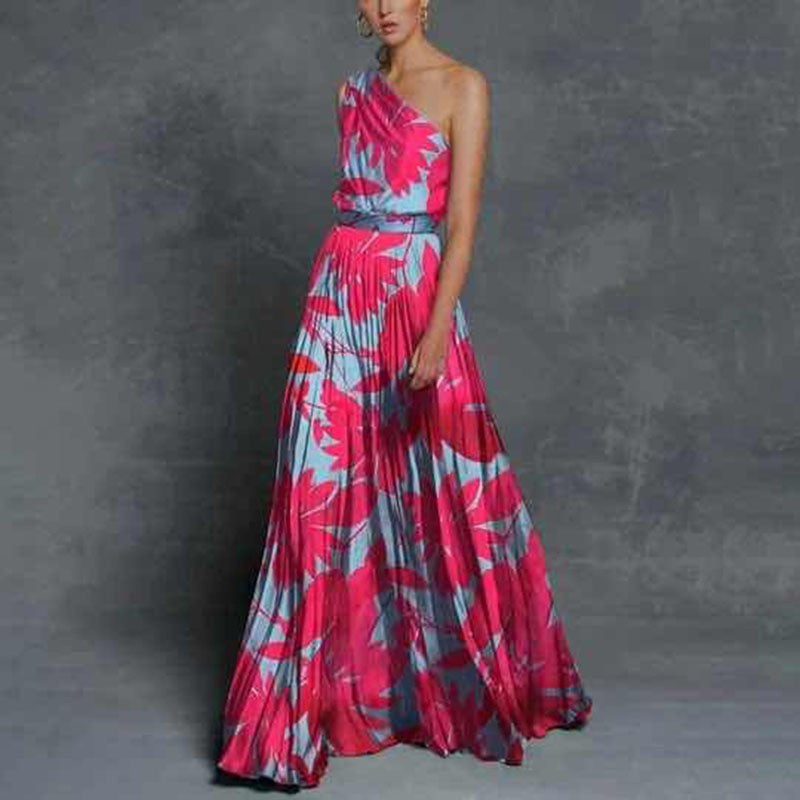 spring/summer new women's clothing  foreign trade style color block off-shoulder printed dress slim fit maxi dress