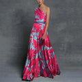 spring/summer new women's clothing  foreign trade style color block off-shoulder printed dress slim fit maxi dress