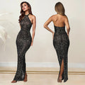 C7108 cross-border   fashion women's hotfix rhinestone bodycon sexy halter neck maxi dress