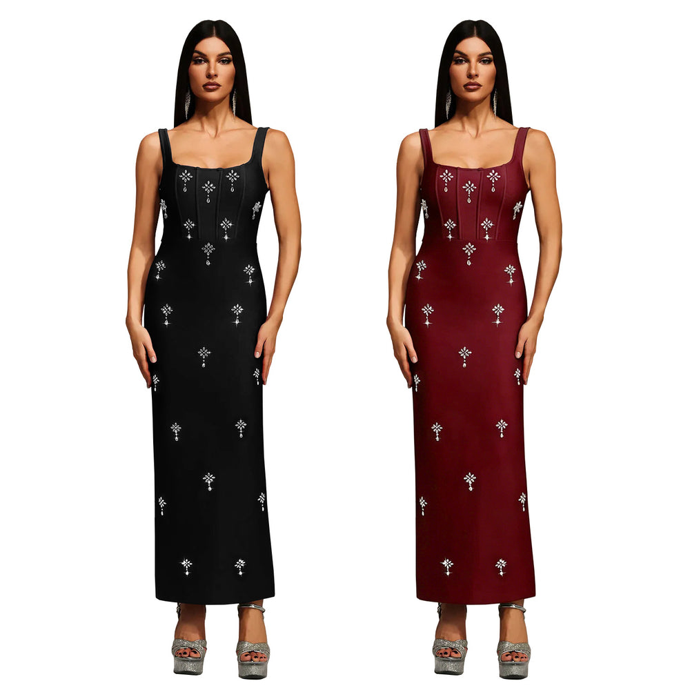C7657 cross-border   fashion women's elegant rhinestone strap backless dress
